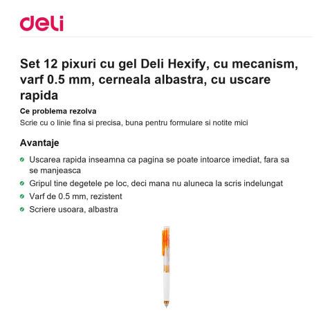 Set 12 pixuri cu gel Deli Hexify, cu mecanism, varf 0.5 mm, cerneala albastra, cu uscare rapida [1]