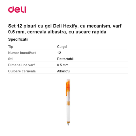 Set 12 pixuri cu gel Deli Hexify, cu mecanism, varf 0.5 mm, cerneala albastra, cu uscare rapida [2]