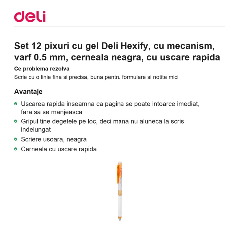 Set 12 pixuri cu gel Deli Hexify, cu mecanism, varf 0.5 mm, cerneala neagra, cu uscare rapida [1]