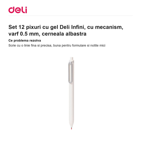 Set 12 pixuri cu gel Deli Infini, cu mecanism, varf 0.5 mm, cerneala albastra [1]
