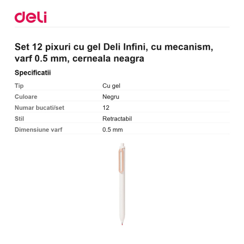 Set 12 pixuri cu gel Deli Infini, cu mecanism, varf 0.5 mm, cerneala neagra [2]