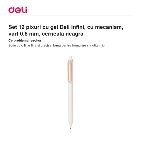 Set 12 pixuri cu gel Deli Infini, cu mecanism, varf 0.5 mm, cerneala neagra [1]