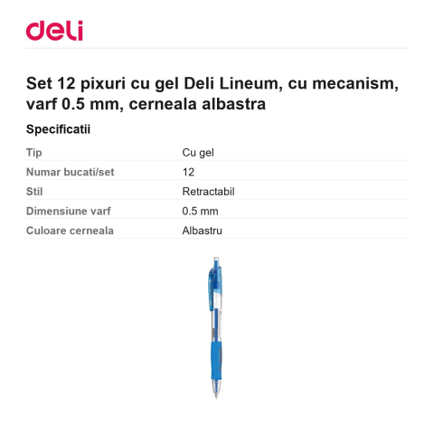 Set 12 pixuri cu gel Deli Lineum, cu mecanism, varf 0.5 mm, cerneala albastra [2]