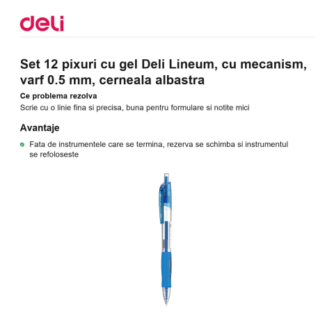Set 12 pixuri cu gel Deli Lineum, cu mecanism, varf 0.5 mm, cerneala albastra [1]