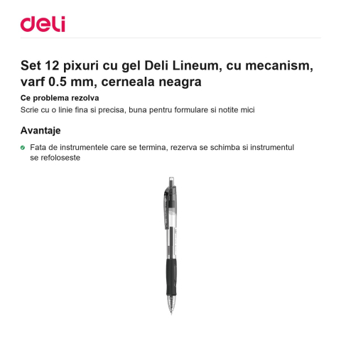 Set 12 pixuri cu gel Deli Lineum, cu mecanism, varf 0.5 mm, cerneala neagra [1]