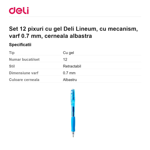 Set 12 pixuri cu gel Deli Lineum, cu mecanism, varf 0.7 mm, cerneala albastra [2]