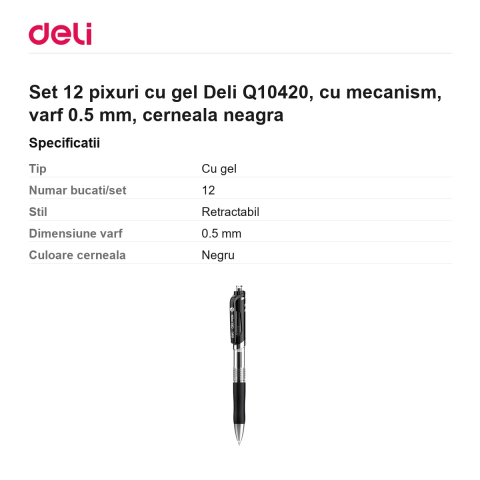 Set 12 pixuri cu gel Deli Q10420, cu mecanism, varf 0.5 mm, cerneala neagra [2]