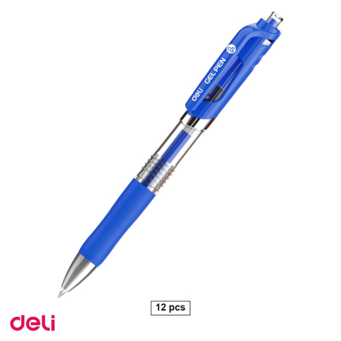 Pixuri - Set 12 pixuri cu gel Deli Q10430, cu mecanism, varf 0.5 mm, cerneala albastra