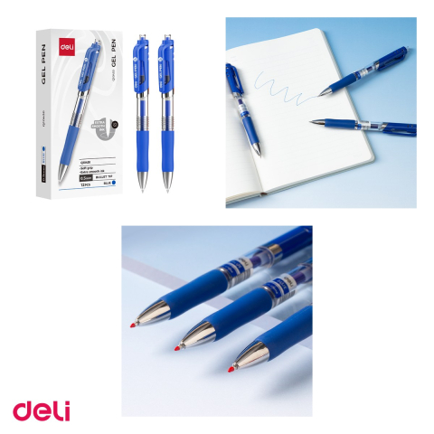Set 12 pixuri cu gel Deli Q10430, cu mecanism, varf 0.5 mm, cerneala albastra [3]