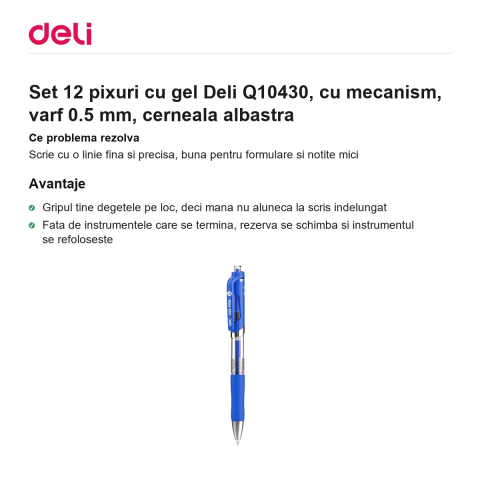 Set 12 pixuri cu gel Deli Q10430, cu mecanism, varf 0.5 mm, cerneala albastra [1]