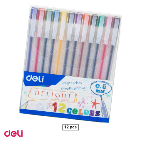 Pixuri - Set 12 pixuri cu gel Deli, varf 0.5 mm, culori diverse