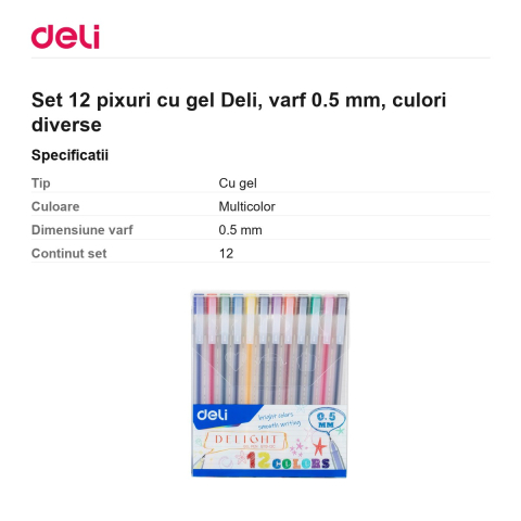 Set 12 pixuri cu gel Deli, varf 0.5 mm, culori diverse [2]