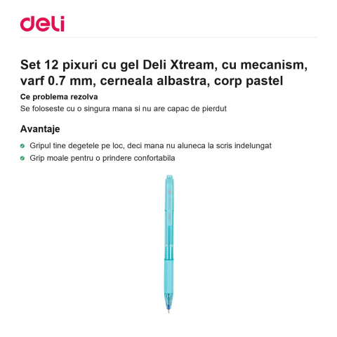 Set 12 pixuri cu gel Deli Xtream, cu mecanism, varf 0.7 mm, cerneala albastra, corp pastel [1]
