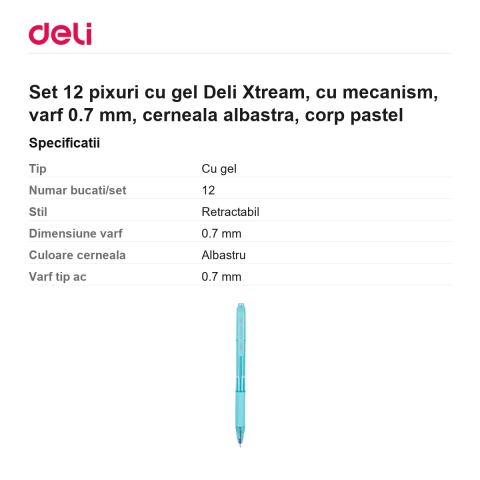 Set 12 pixuri cu gel Deli Xtream, cu mecanism, varf 0.7 mm, cerneala albastra, corp pastel [2]