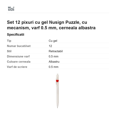Set 12 pixuri cu gel Nusign Puzzle, cu mecanism, varf 0.5 mm, cerneala albastra [2]