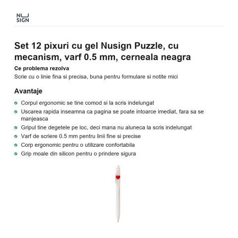 Set 12 pixuri cu gel Nusign Puzzle, cu mecanism, varf 0.5 mm, cerneala neagra [1]