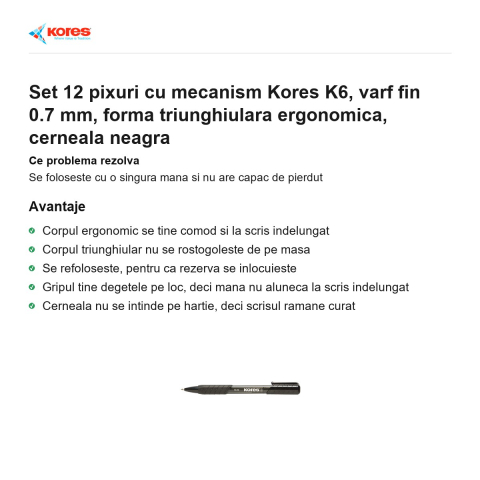 Set 12 pixuri cu mecanism Kores K6, varf fin 0.7 mm, forma triunghiulara ergonomica, cerneala neagra [1]
