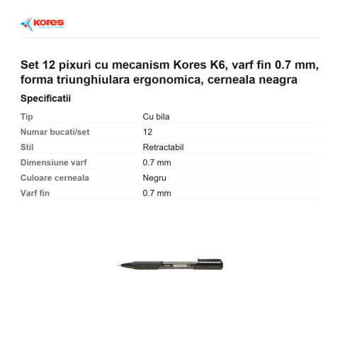 Set 12 pixuri cu mecanism Kores K6, varf fin 0.7 mm, forma triunghiulara ergonomica, cerneala neagra [2]