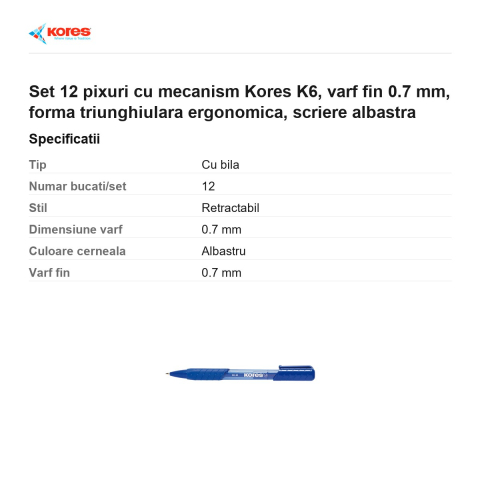 Set 12 pixuri cu mecanism Kores K6, varf fin 0.7 mm, forma triunghiulara ergonomica, scriere albastra [2]