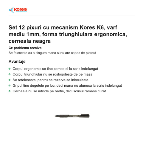 Set 12 pixuri cu mecanism Kores K6, varf mediu 1mm, forma triunghiulara ergonomica, cerneala neagra [1]