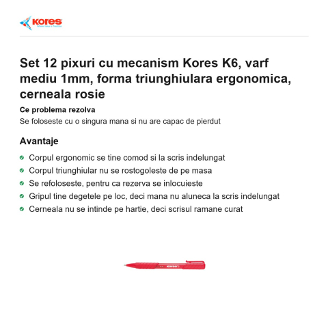 Set 12 pixuri cu mecanism Kores K6, varf mediu 1mm, forma triunghiulara ergonomica, cerneala rosie [1]