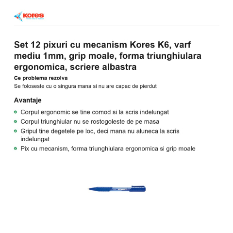 Set 12 pixuri cu mecanism Kores K6, varf mediu 1mm, grip moale, forma triunghiulara ergonomica, scriere albastra [1]