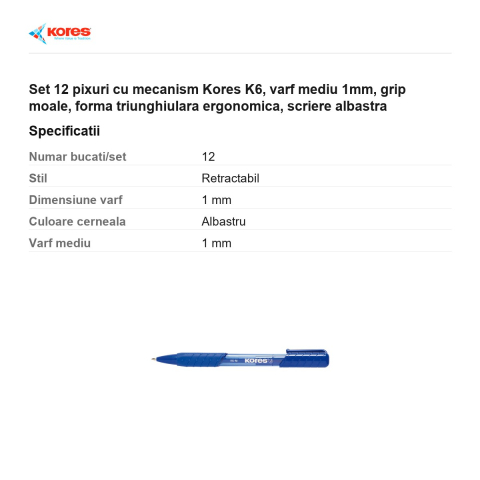 Set 12 pixuri cu mecanism Kores K6, varf mediu 1mm, grip moale, forma triunghiulara ergonomica, scriere albastra [2]