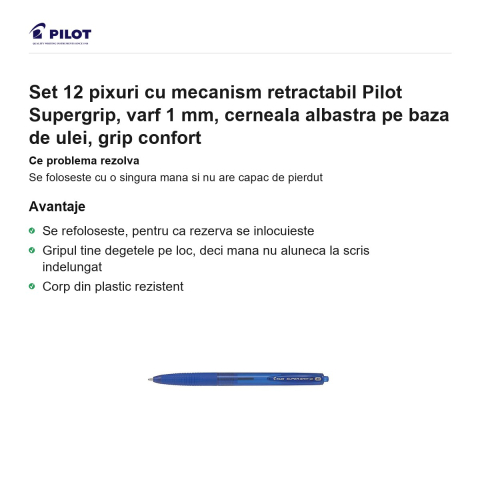 Set 12 pixuri cu mecanism retractabil Pilot Supergrip, varf 1 mm, cerneala albastra pe baza de ulei, grip confort [1]