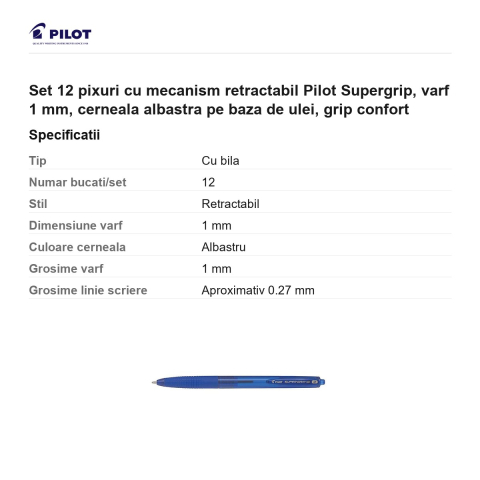 Set 12 pixuri cu mecanism retractabil Pilot Supergrip, varf 1 mm, cerneala albastra pe baza de ulei, grip confort [2]