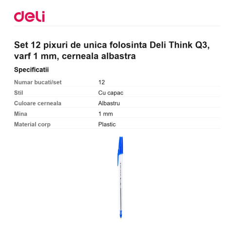 Set 12 pixuri de unica folosinta Deli Think Q3, varf 1 mm, cerneala albastra [2]
