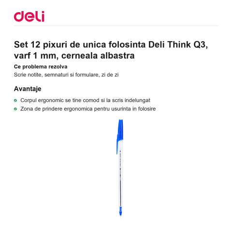 Set 12 pixuri de unica folosinta Deli Think Q3, varf 1 mm, cerneala albastra [1]