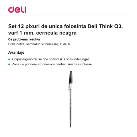 Set 12 pixuri de unica folosinta Deli Think Q3, varf 1 mm, cerneala neagra [1]