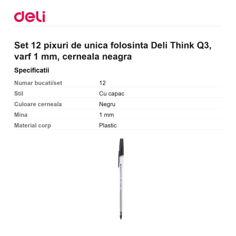 Set 12 pixuri de unica folosinta Deli Think Q3, varf 1 mm, cerneala neagra [2]
