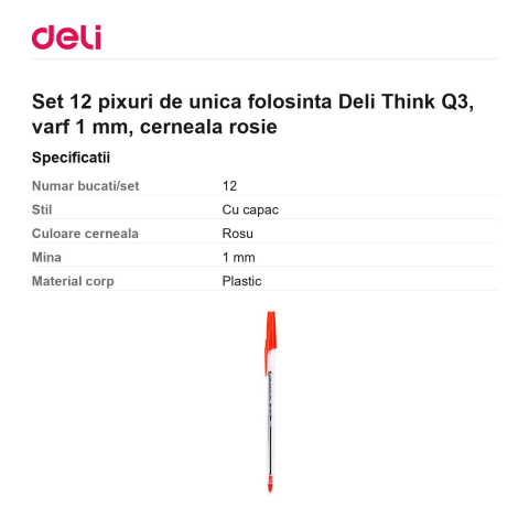 Set 12 pixuri de unica folosinta Deli Think Q3, varf 1 mm, cerneala rosie [2]