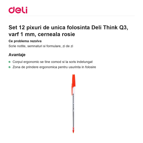 Set 12 pixuri de unica folosinta Deli Think Q3, varf 1 mm, cerneala rosie [1]