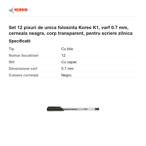 Set 12 pixuri de unica folosinta Kores K1, varf 0.7 mm, cerneala neagra, corp transparent, pentru scriere zilnica [2]