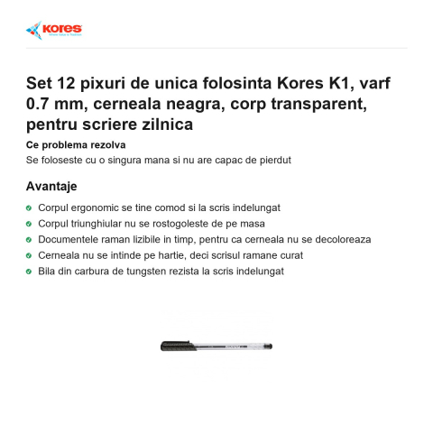 Set 12 pixuri de unica folosinta Kores K1, varf 0.7 mm, cerneala neagra, corp transparent, pentru scriere zilnica [1]