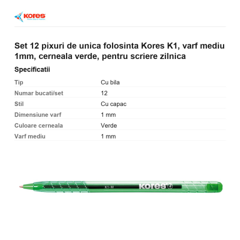 Set 12 pixuri de unica folosinta Kores K1, varf mediu 1mm, cerneala verde, pentru scriere zilnica [2]