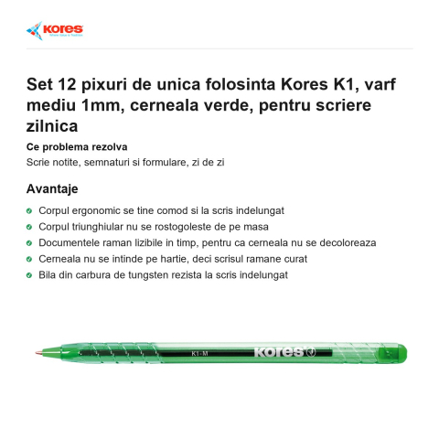 Set 12 pixuri de unica folosinta Kores K1, varf mediu 1mm, cerneala verde, pentru scriere zilnica [1]