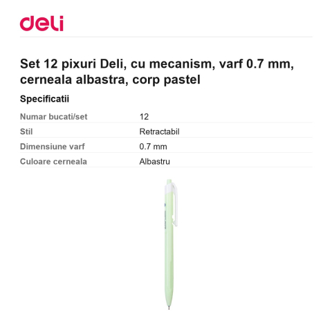 Set 12 pixuri Deli, cu mecanism, varf 0.7 mm, cerneala albastra, corp pastel [2]