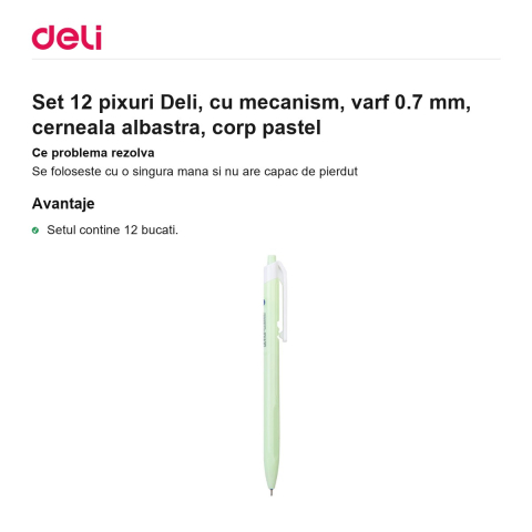 Set 12 pixuri Deli, cu mecanism, varf 0.7 mm, cerneala albastra, corp pastel [1]