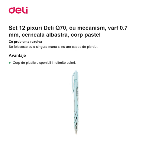 Set 12 pixuri Deli Q70, cu mecanism, varf 0.7 mm, cerneala albastra, corp pastel [1]