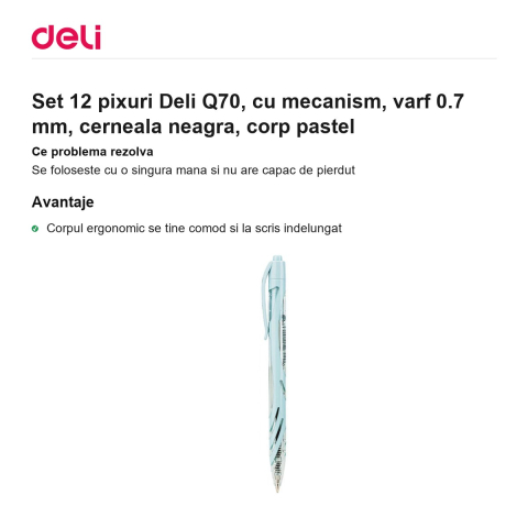 Set 12 pixuri Deli Q70, cu mecanism, varf 0.7 mm, cerneala neagra, corp pastel [1]