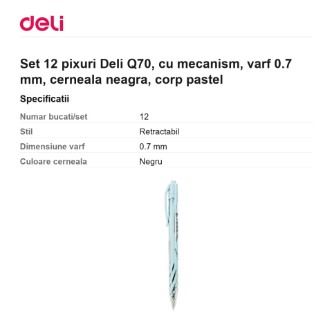 Set 12 pixuri Deli Q70, cu mecanism, varf 0.7 mm, cerneala neagra, corp pastel [2]