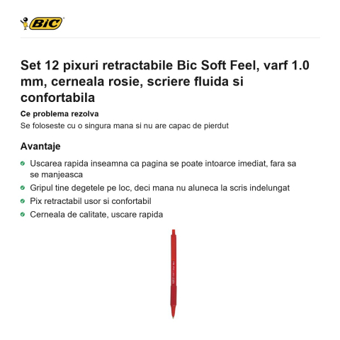Set 12 pixuri retractabile Bic Soft Feel, varf 1.0 mm, cerneala rosie, scriere fluida si confortabila [1]
