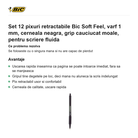 Set 12 pixuri retractabile Bic Soft Feel, varf 1 mm, cerneala neagra, grip cauciucat moale, pentru scriere fluida [1]
