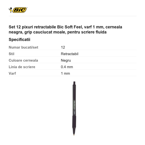 Set 12 pixuri retractabile Bic Soft Feel, varf 1 mm, cerneala neagra, grip cauciucat moale, pentru scriere fluida [2]