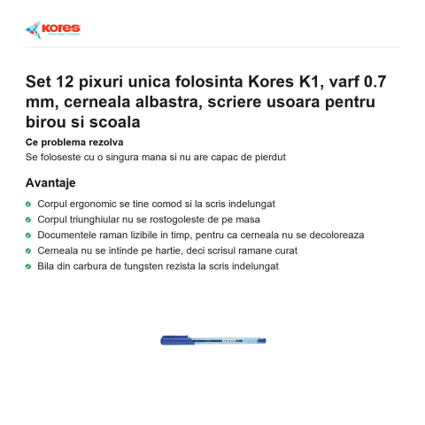 Set 12 pixuri unica folosinta Kores K1, varf 0.7 mm, cerneala albastra, scriere usoara pentru birou si scoala [1]