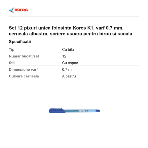 Set 12 pixuri unica folosinta Kores K1, varf 0.7 mm, cerneala albastra, scriere usoara pentru birou si scoala [2]