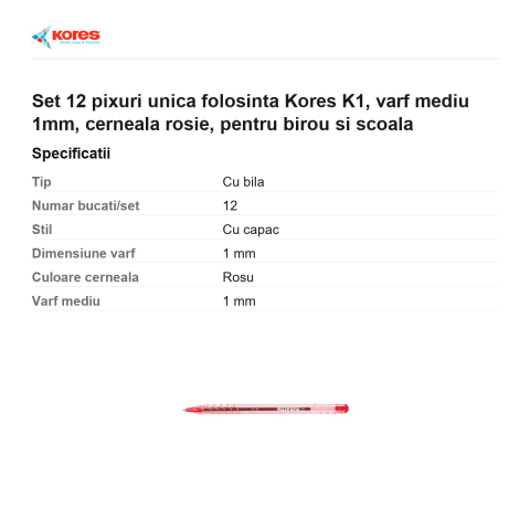 Set 12 pixuri unica folosinta Kores K1, varf mediu 1mm, cerneala rosie, pentru birou si scoala [2]